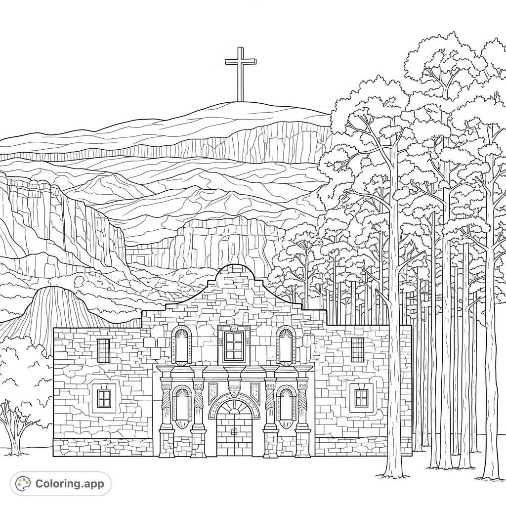 Explore a unique Texas landscape featuring the historic Alamo, a Loblolly Pine forest, Big Bend mountains, and a cross on a hill. Perfect for history and nature lovers.