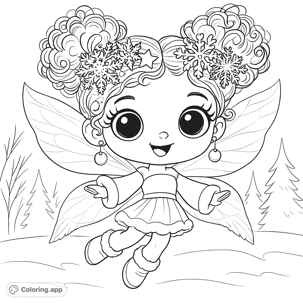 A delightful winter fairy with intricate snowflake details and a charming expression, perfect for a magical coloring adventure in a snowy wonderland.