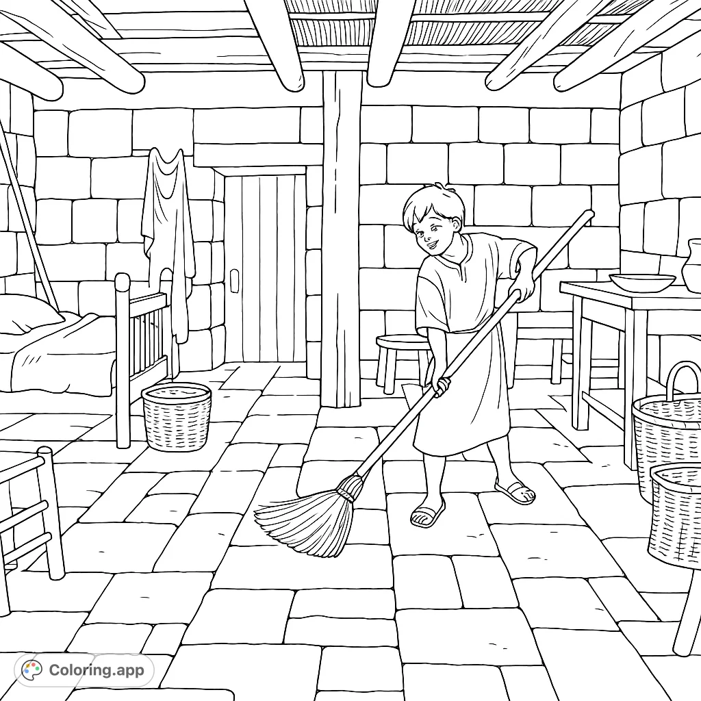A cheerful boy sweeps a rustic room with stone walls and wooden furnishings. Perfect for a historical or simple life coloring page.
