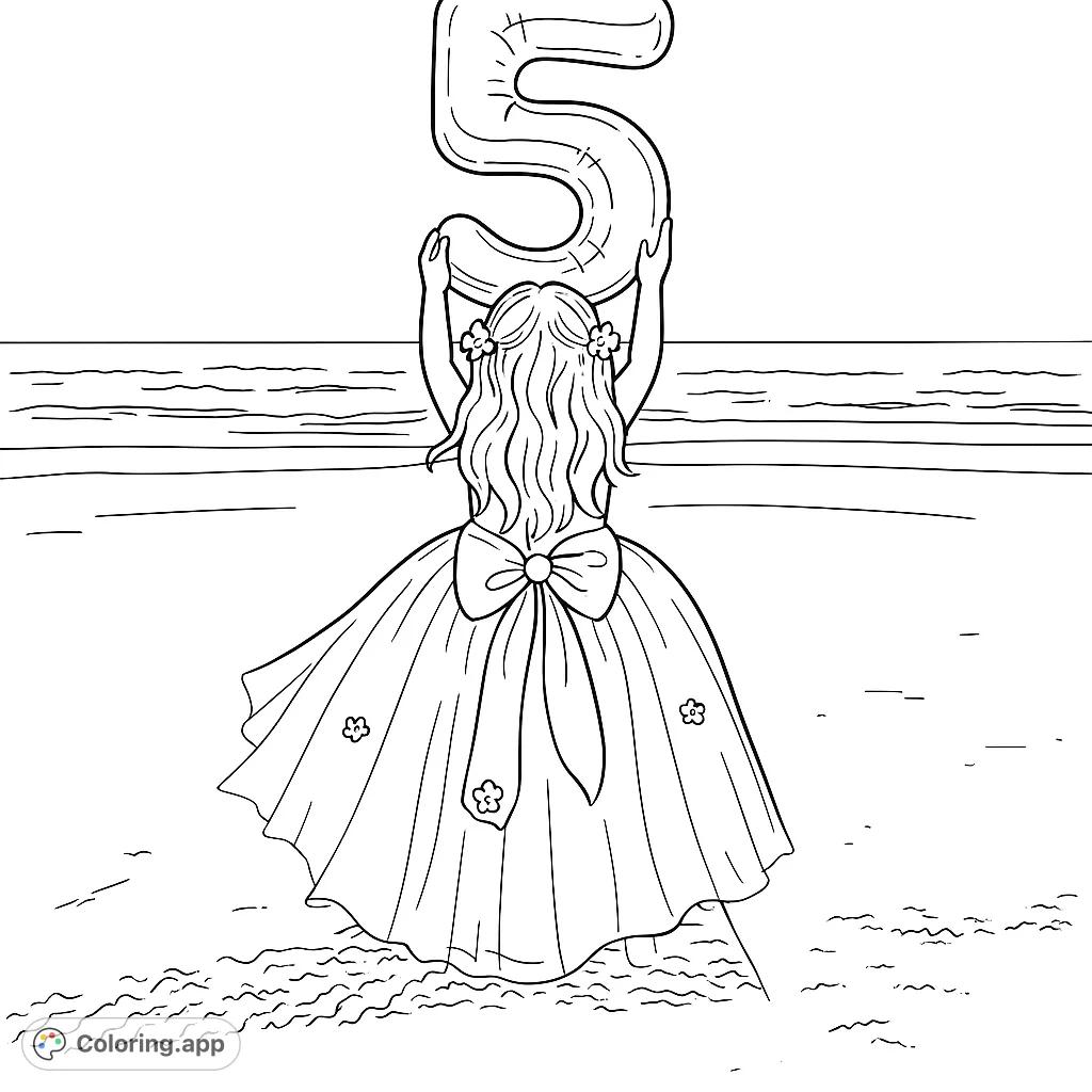 A joyful scene of a child holding a number five balloon on a sandy beach, wearing a beautiful dress with floral accents. Perfect for celebrating milestones.