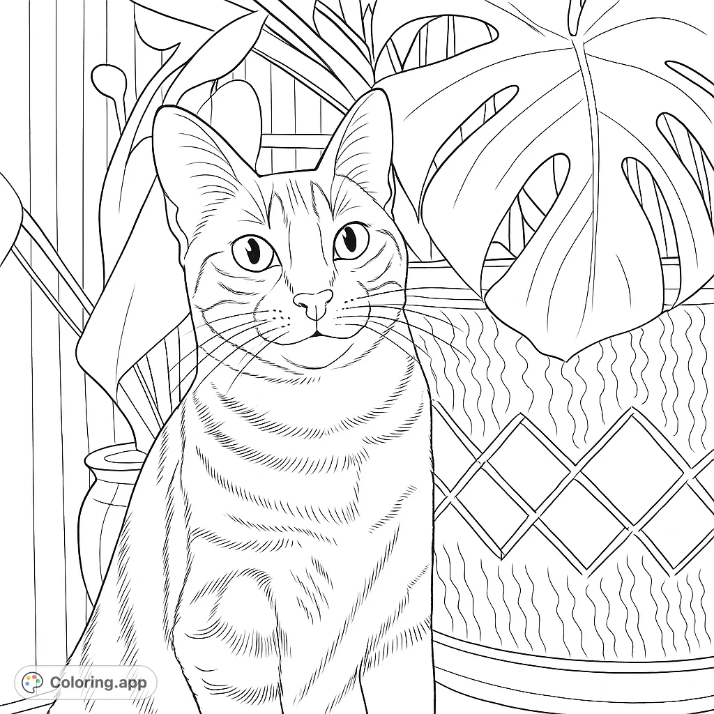 A charming cat peeks from behind large plant leaves, inviting you to add vibrant patterns to its fur and bring this serene indoor scene to life.