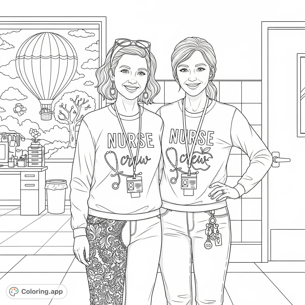 A detailed coloring page featuring two smiling healthcare professionals in a hallway, with a whimsical mural in the background. Perfect for celebrating medical heroes.