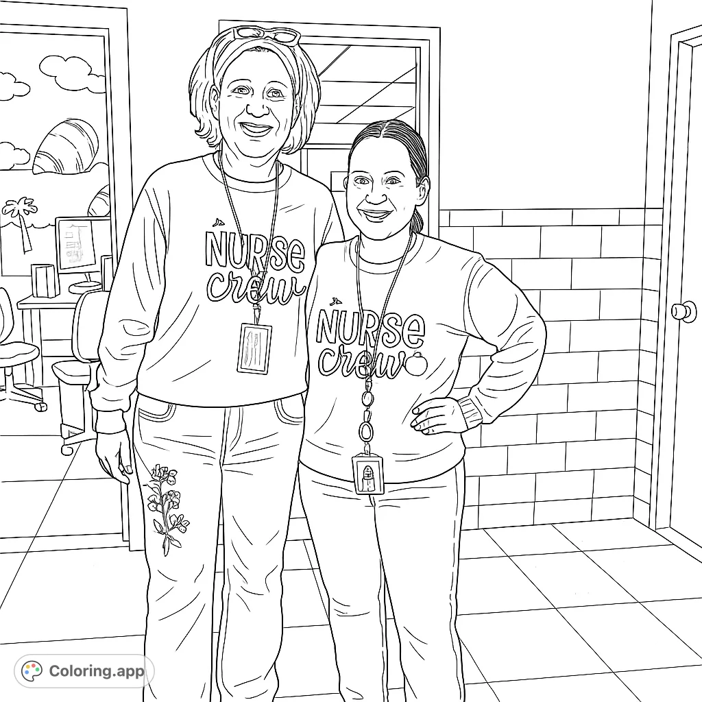 Two smiling nurses in their 'Nurse Crew' sweatshirts, ready to help. A fun and inspiring scene for aspiring healthcare professionals.