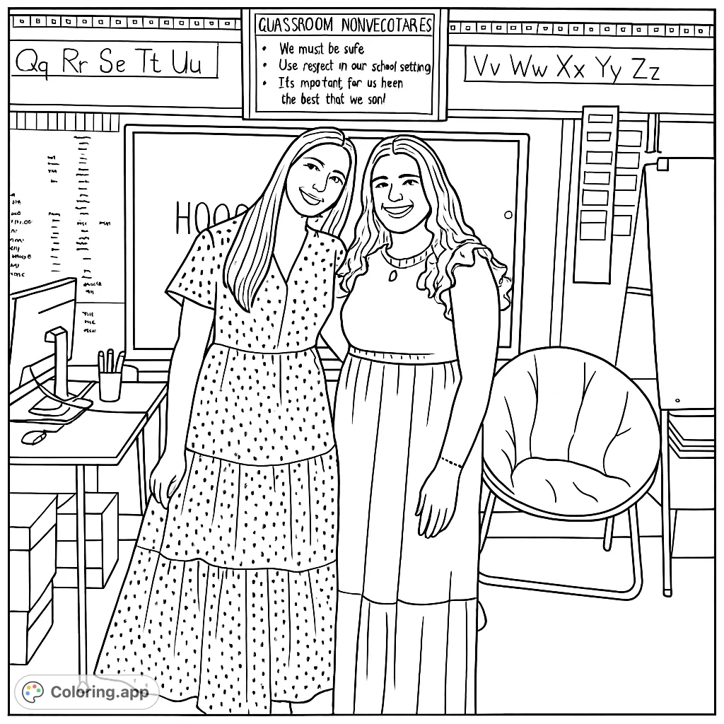 Capture the warmth of friendship in a classroom setting. Two smiling women in detailed dresses stand before a whiteboard, surrounded by school elements.