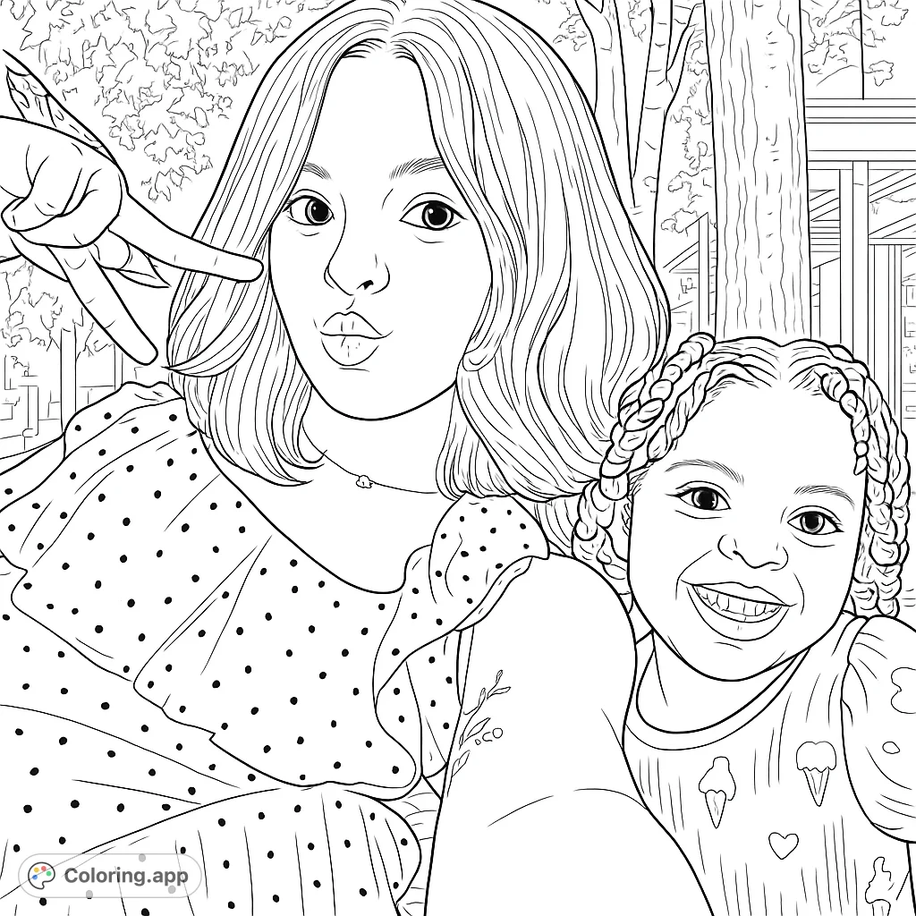 Capture a heartwarming moment with two smiling individuals in an outdoor setting. Features playful expressions, patterned clothing, and natural elements.