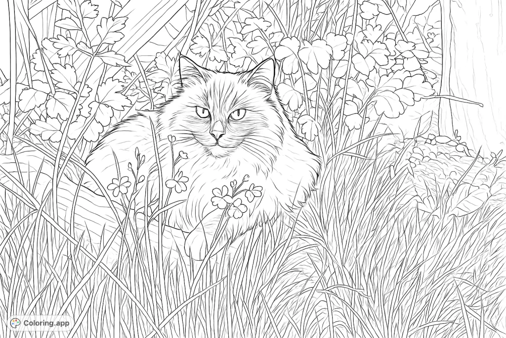 A charming fluffy cat rests among lush garden foliage and small flowers. Perfect for animal lovers to bring to life with creative colors.