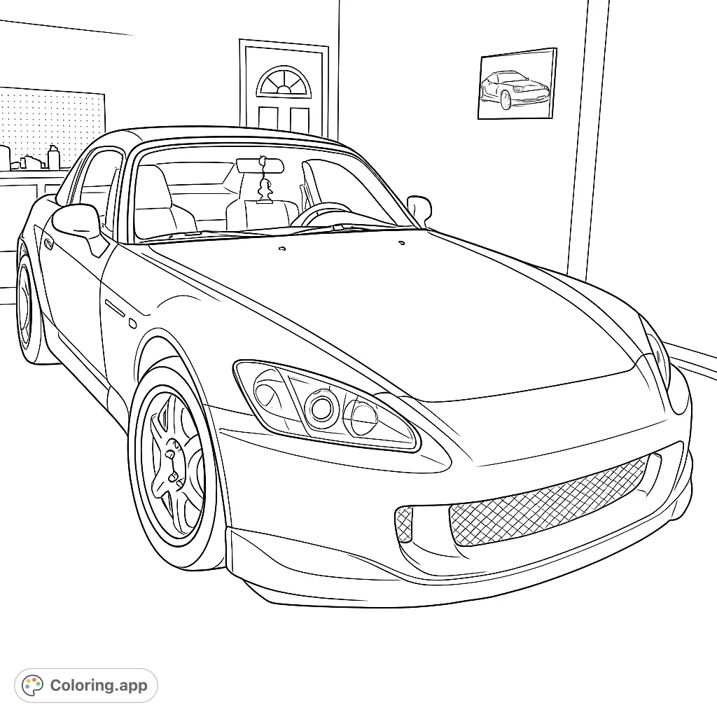 Color a detailed sports car in a garage setting. Perfect for car enthusiasts to customize with their favorite finishes and explore automotive design.