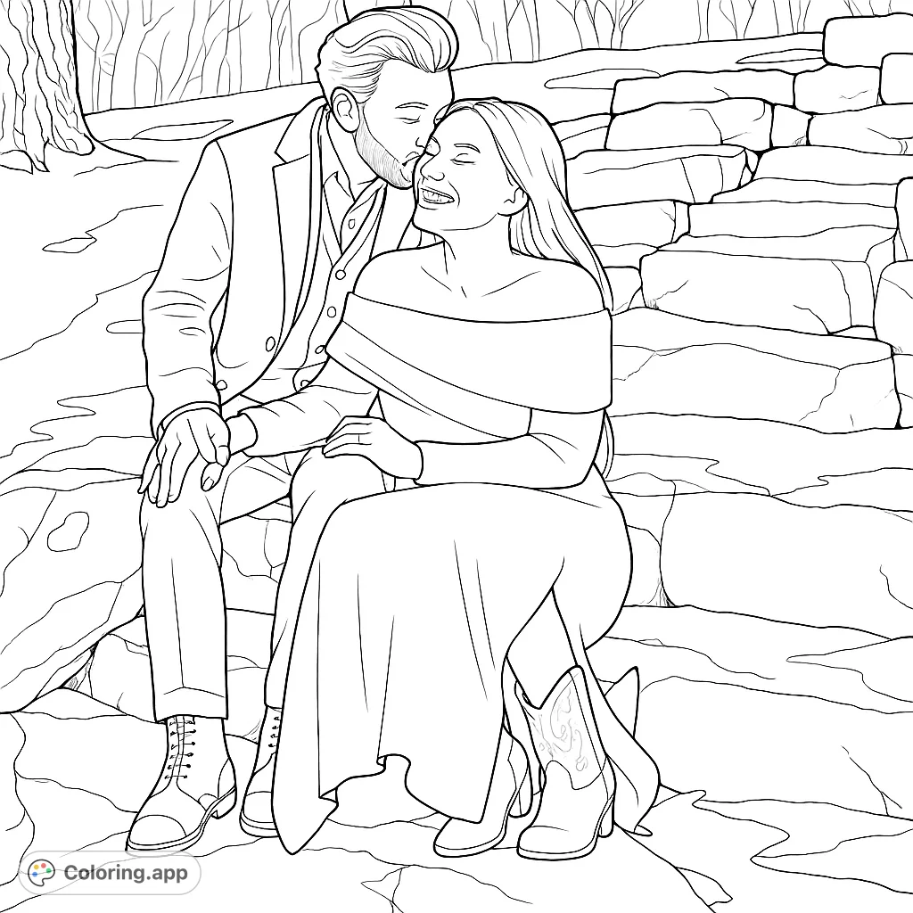 Capture a tender moment with this romantic couple coloring page. Features an affectionate embrace on stone steps amidst a serene outdoor setting.