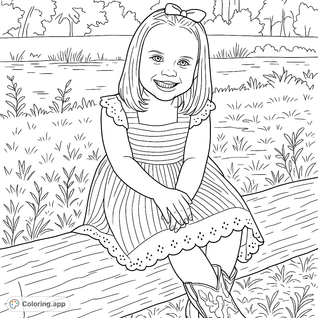 A cheerful young girl in a striped dress and cowboy boots sits on a log by a pond, ready for a creative coloring adventure.