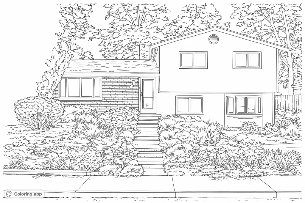 Explore a delightful split-level home coloring page, featuring diverse architectural styles, a welcoming path, and lush, intricate front yard landscaping.