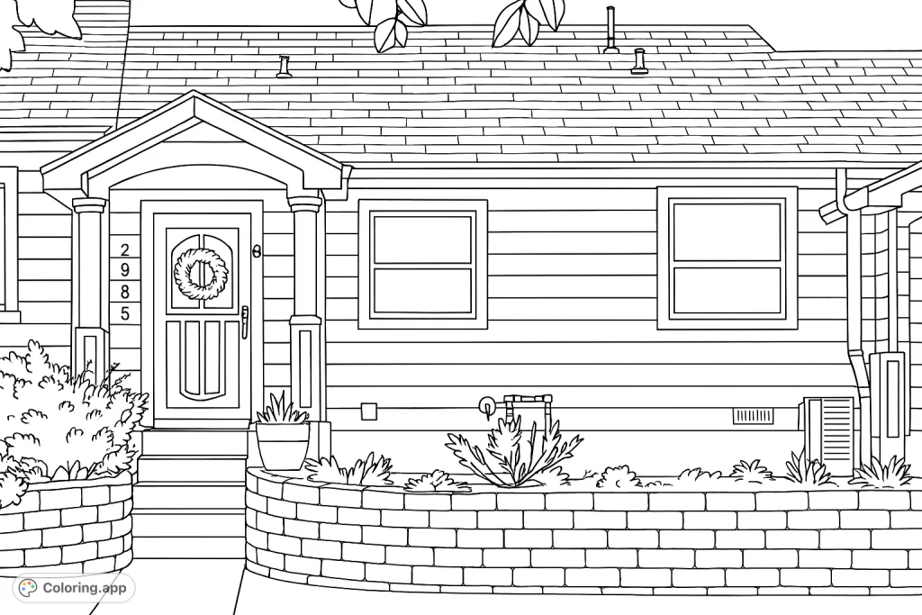 Color a charming house exterior with a welcoming porch, detailed siding, and a lovely garden bed. Perfect for home enthusiasts and aspiring architects.
