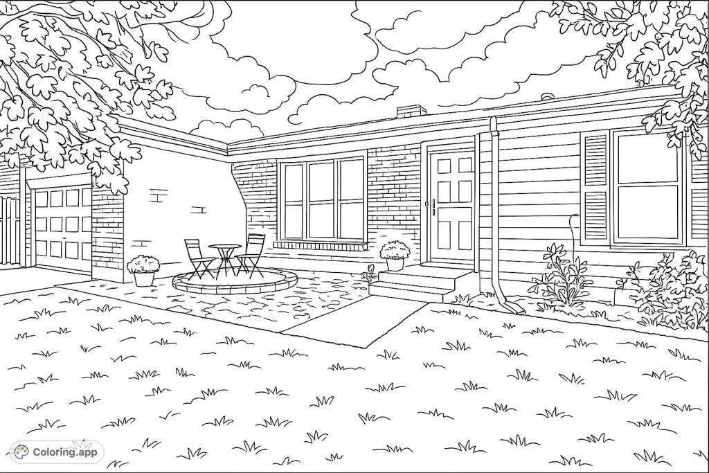 Color a charming suburban house featuring brick and siding, a welcoming patio with furniture, and a lush lawn under a cloudy sky. Perfect for home enthusiasts!