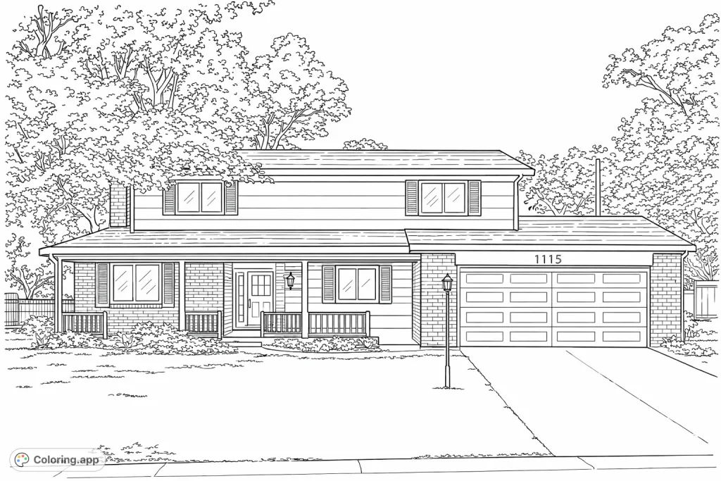 A detailed suburban family home with architectural textures, a welcoming front porch, and a manicured yard under a wide sky, perfect for creative exploration.