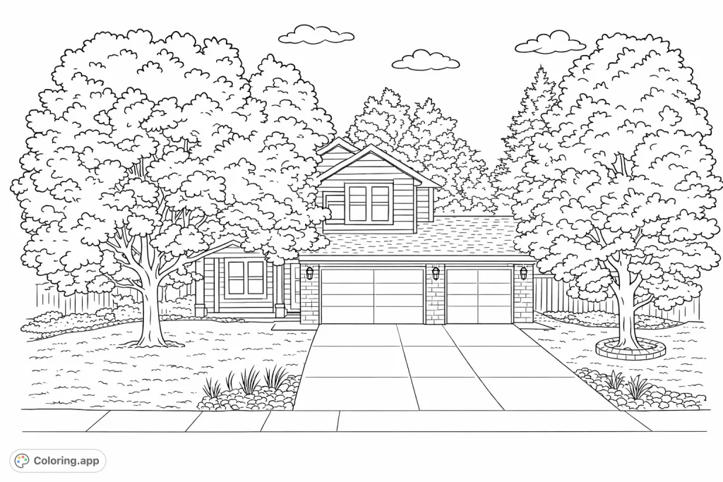 Color a charming suburban house framed by lush trees, featuring architectural details and a welcoming yard. Perfect for relaxation and creativity.