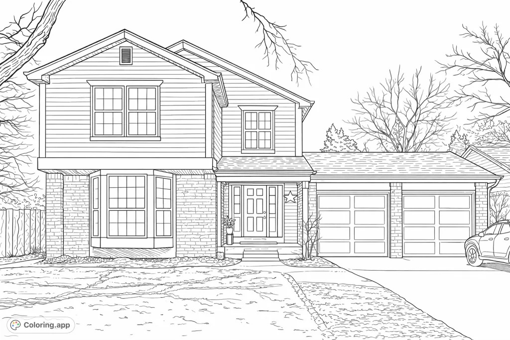 A detailed coloring page featuring a two-story suburban house with intricate brickwork, multiple windows, and a two-car garage, set against a dynamic sky.