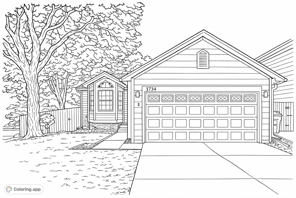 Explore a detailed house with a large garage, bay window, and a prominent tree. A perfect suburban home coloring page for detailed artwork.
