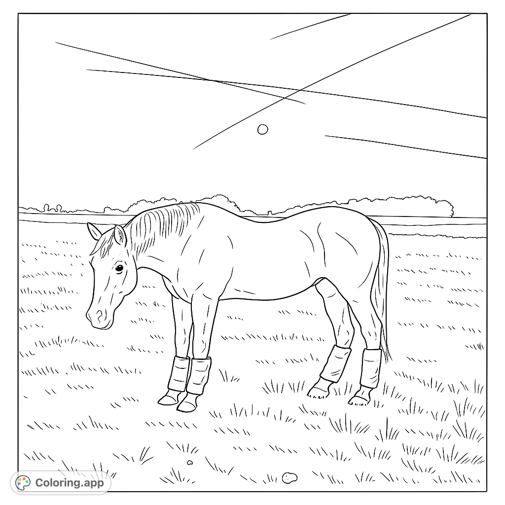 A beautiful horse with unique leg coverings stands in a peaceful field under a sky with a moon and cloud trails. Perfect for animal lovers!
