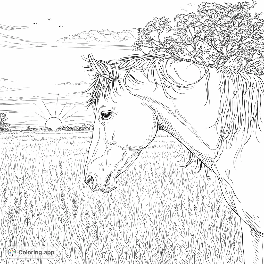 A majestic horse stands peacefully in a tall meadow, gazing towards a beautiful sunset. This nature scene offers a serene coloring experience.