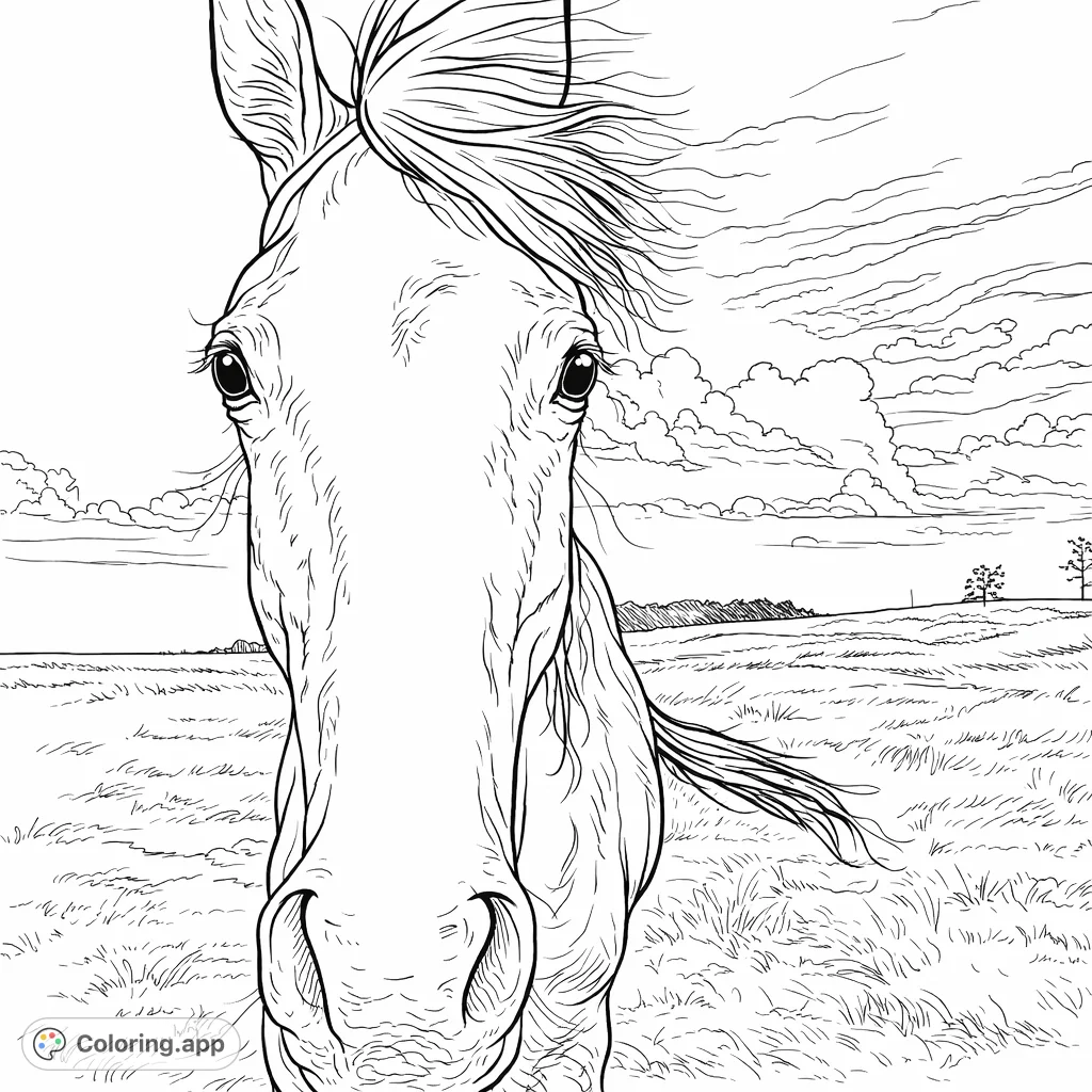 Capture the serene beauty of a horse's close-up portrait against a dramatic sky. This striking horse coloring page invites you to bring its majestic presence to life.