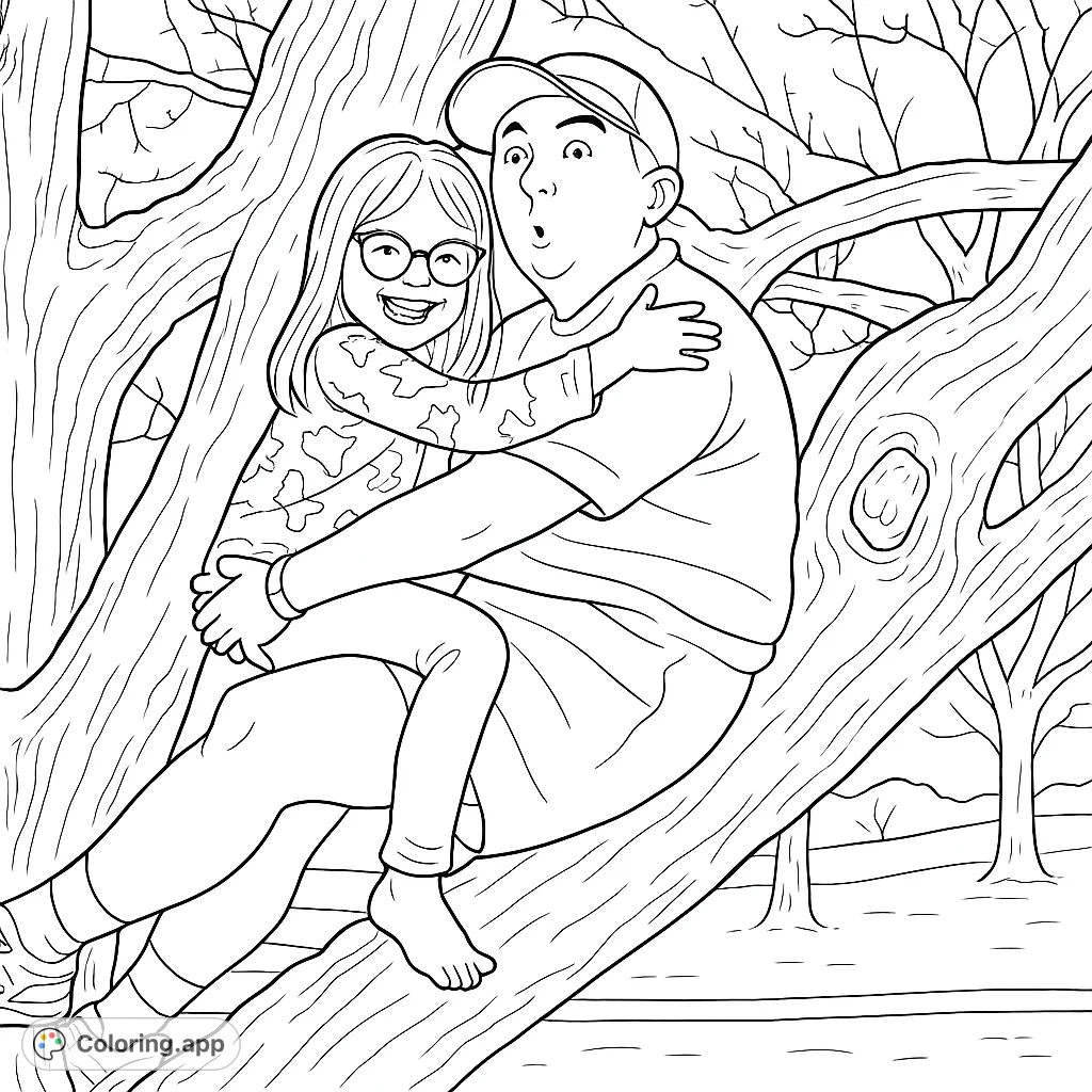Capture a heartwarming moment of a person and child playfully perched on a tree branch. A whimsical scene perfect for family fun and creative expression.