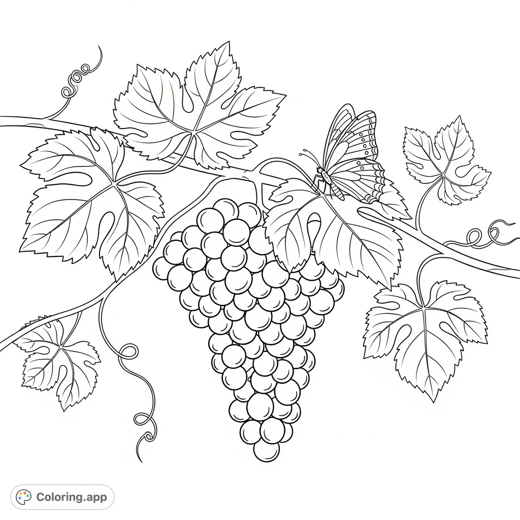 A beautiful grape bunch on a winding vine, accompanied by a delicate butterfly. A delightful nature-themed coloring page for all ages.