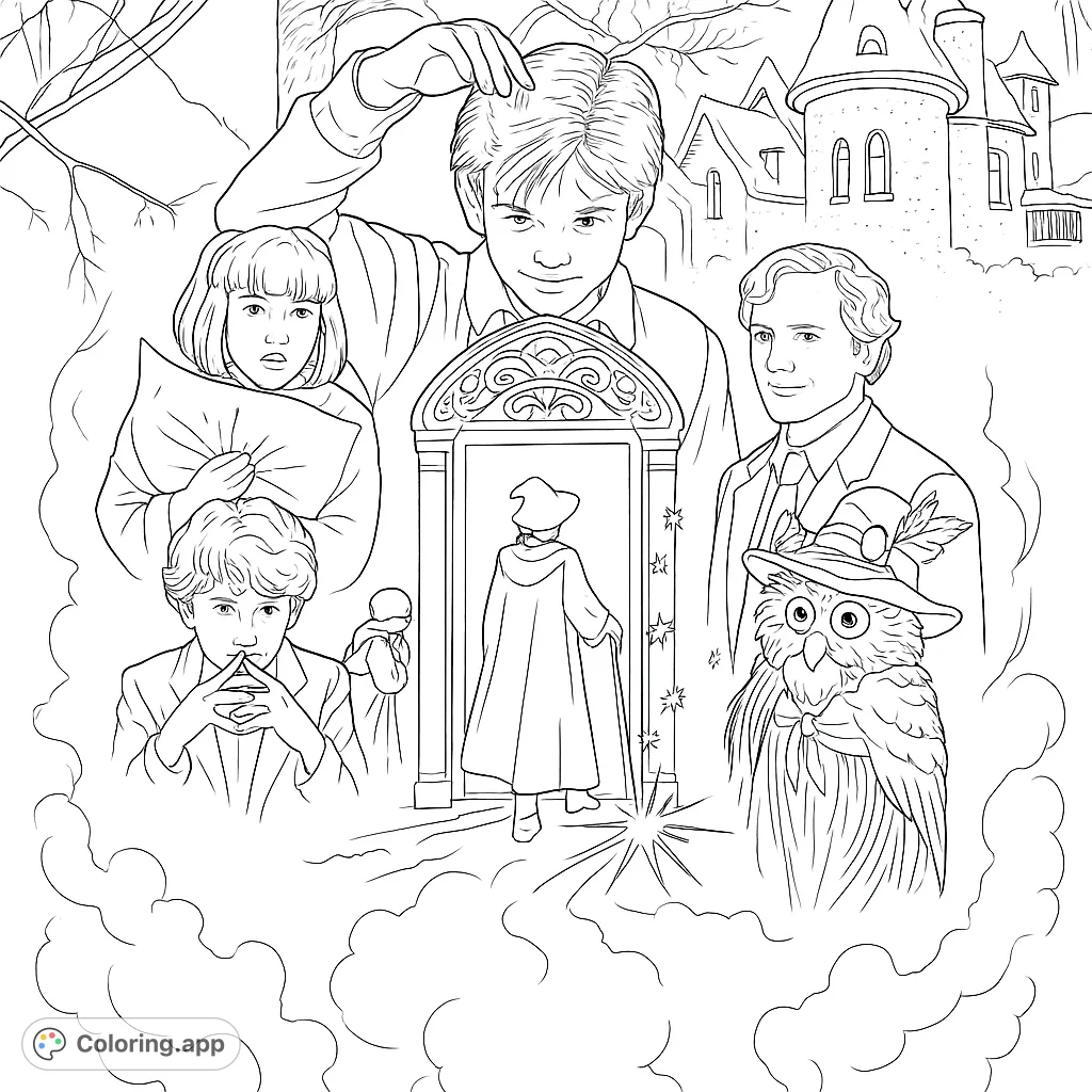 Explore a magical world with a glowing portal, mysterious figures, and an enchanted castle. A fantasy adventure awaits your creative touch.