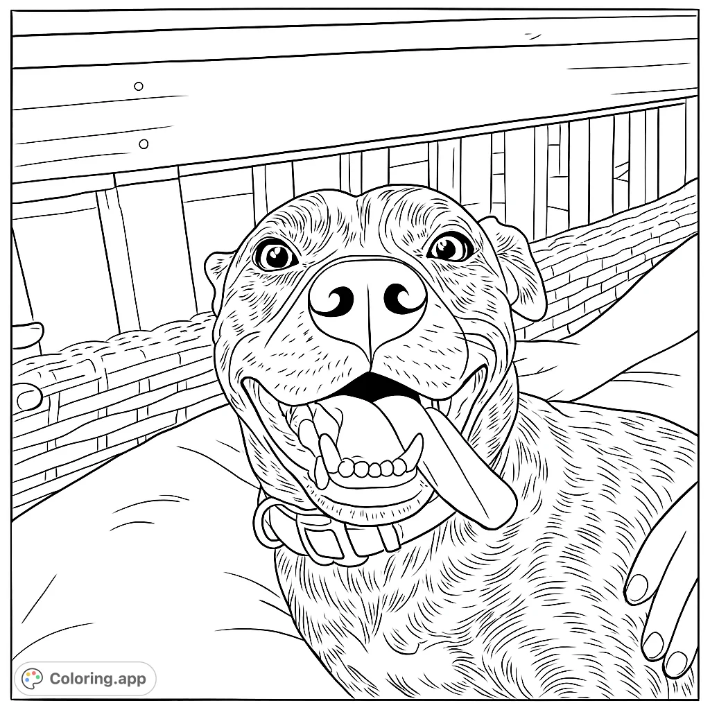 Capture the joyful spirit of a brindle dog with its tongue out, sitting on an outdoor chair. A delightful and detailed coloring experience for all ages.