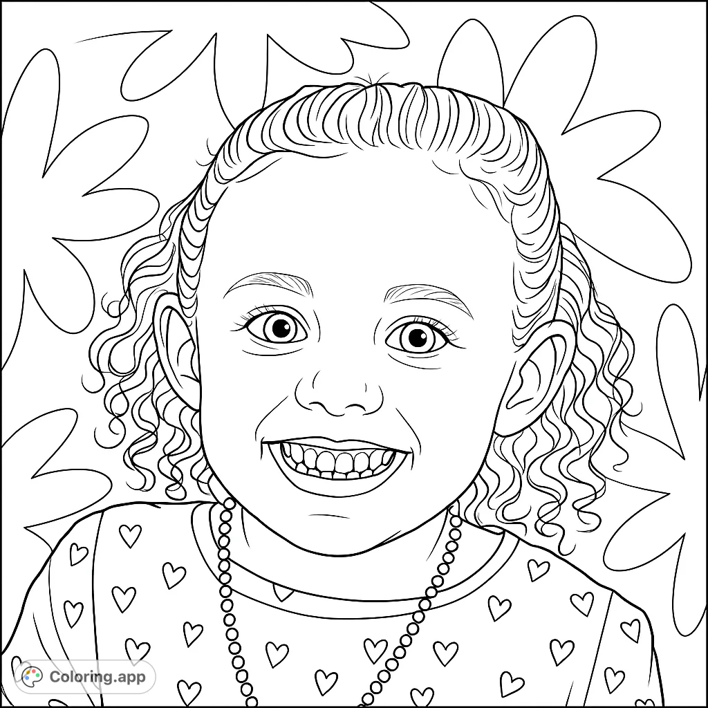 Capture a moment of pure joy with this smiling child portrait coloring page. Features curly hair, a heart-patterned shirt, and a beaded necklace.
