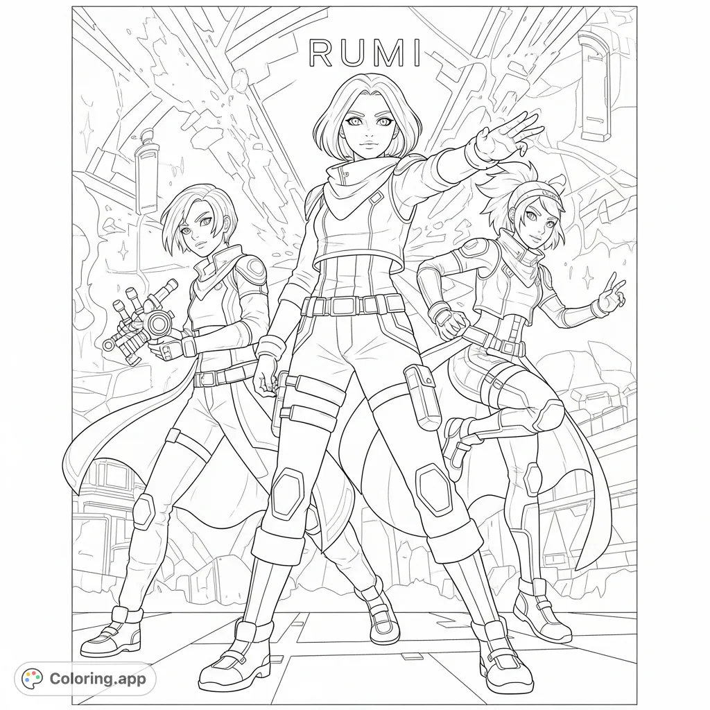 Unleash your creativity with this dynamic Huntrix coloring page featuring Rumi, Zoey, and Mira in action poses against a stylized, energetic backdrop.