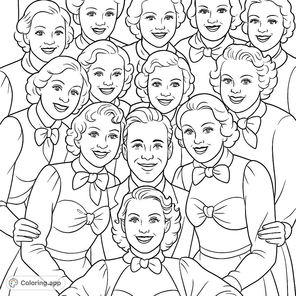 A cheerful vintage show group, featuring a central male performer surrounded by smiling women in matching bow-adorned outfits. Perfect for retro enthusiasts.