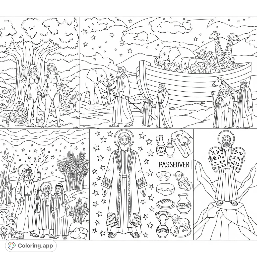 An expansive Old Testament mural coloring page featuring Adam and Eve, Noah's Ark, Abraham, Isaac, Jacob, Joseph's coat, Passover, and Moses with the Ten Commandments.