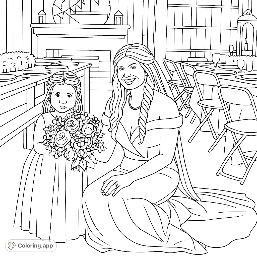 Capture a heartwarming moment with this bridal duo coloring page. Features an elegant woman and a child holding a beautiful floral bouquet.