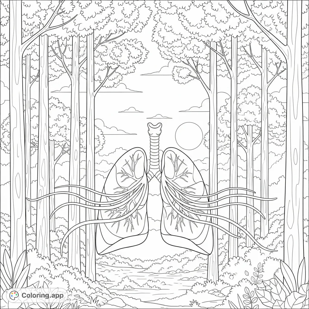 A serene image of stylized lungs gently breathing within a peaceful forest at sunset, promoting relaxation and mindfulness.