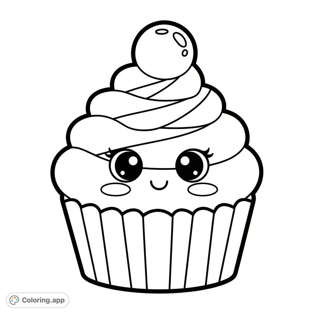A delightful kawaii cupcake character coloring page, perfect for adding your favorite colors to its sweet frosting, cute face, and charming wrapper.