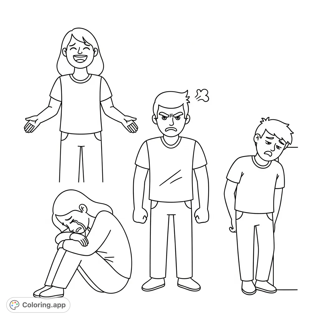 Explore human emotions with this unique coloring page featuring happy, sad, angry, and tired figures. Perfect for learning and creative expression.
