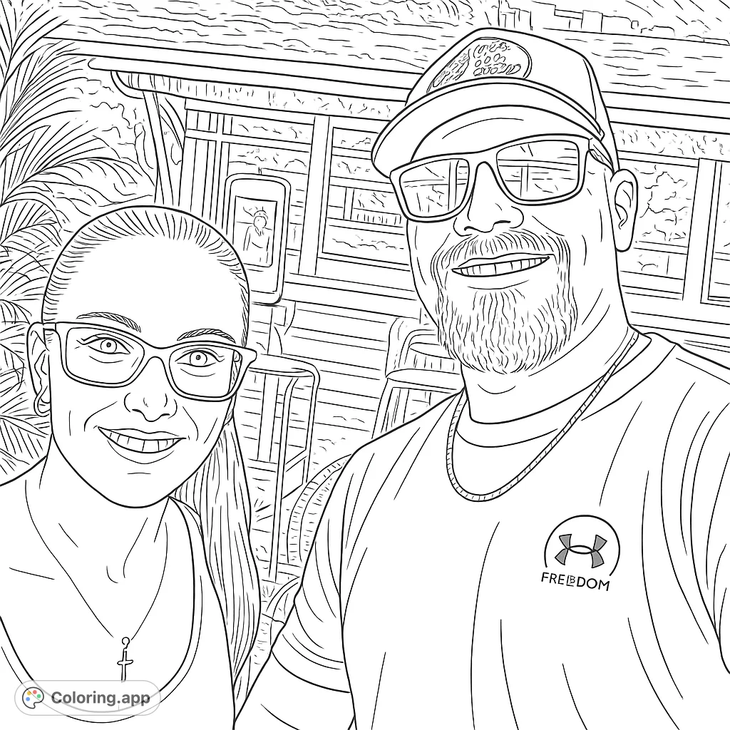 A cheerful couple enjoys an outdoor moment in front of a food truck, perfect for a relaxing coloring experience.