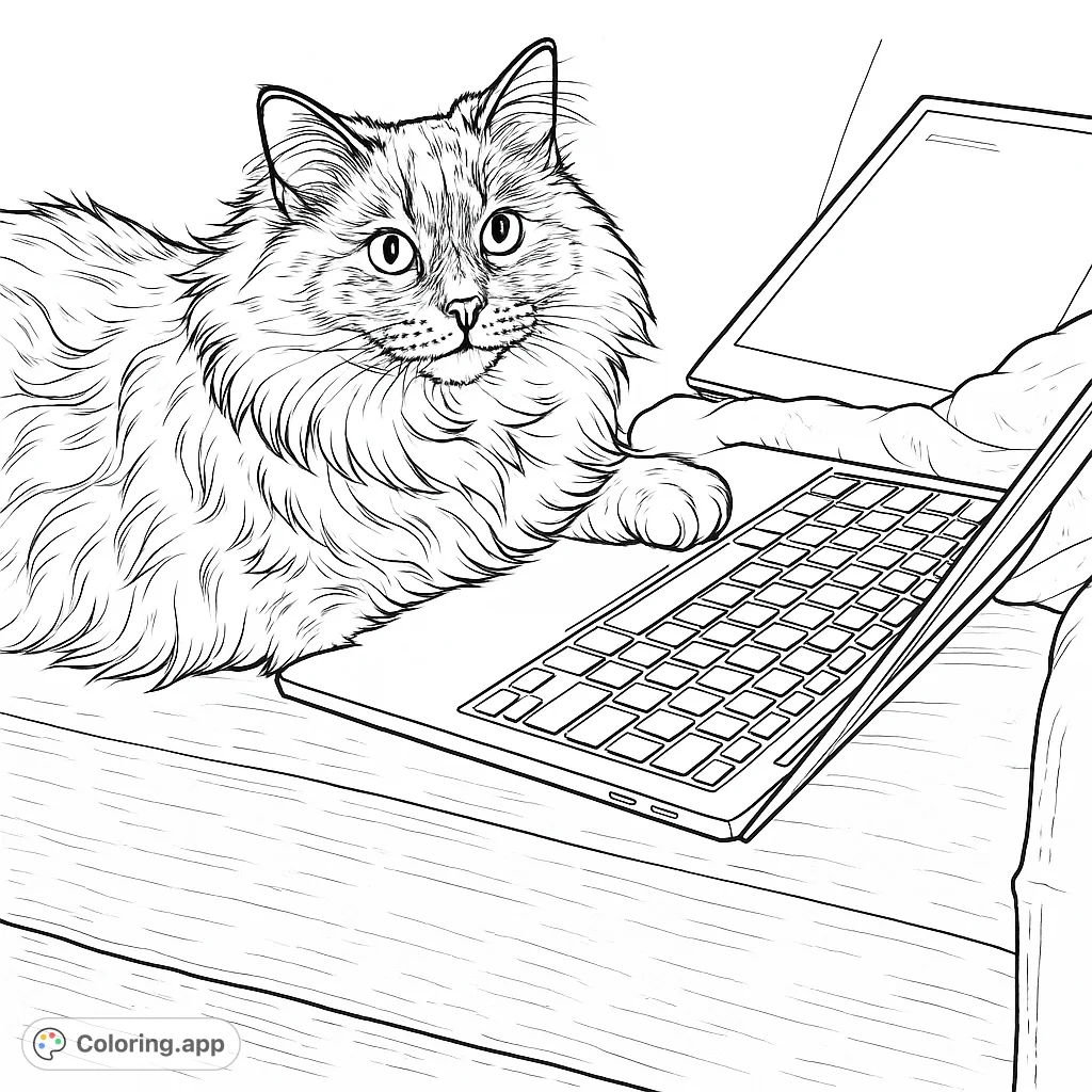 A charming fluffy cat relaxes on a sofa, playfully interacting with a laptop. This cozy scene offers delightful details for a relaxing coloring experience.