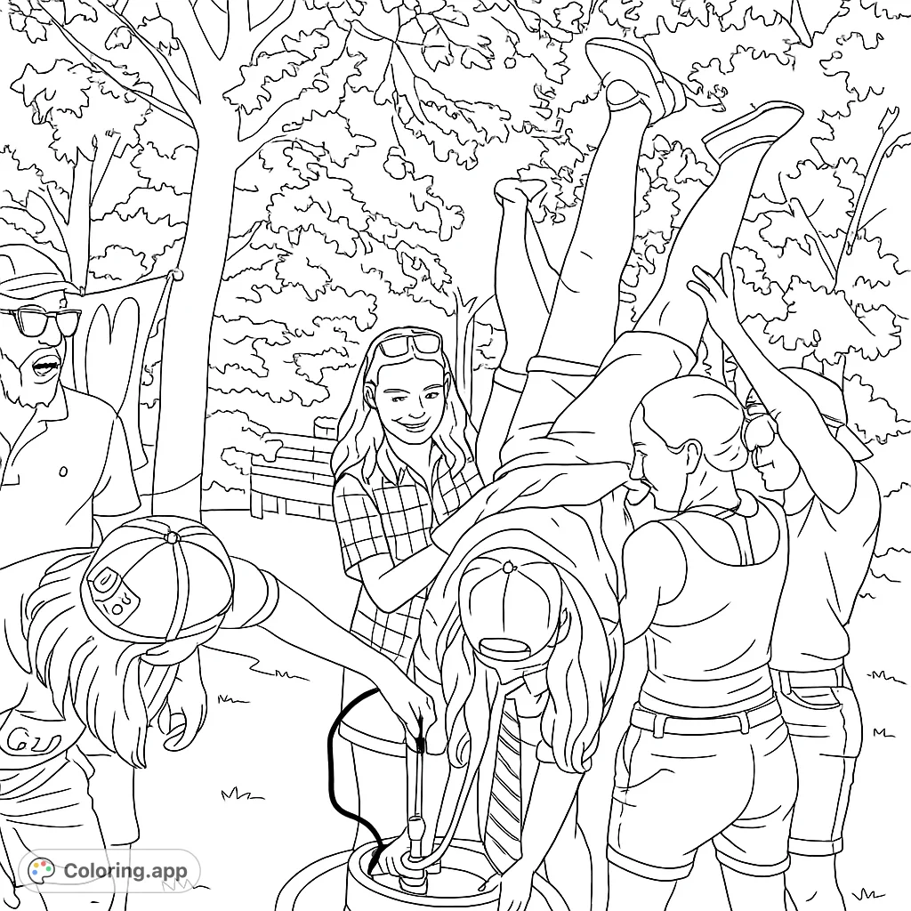 Capture the excitement of a lively outdoor party scene with friends engaged in a fun, challenging activity around a beverage keg. Perfect for adult colorists.