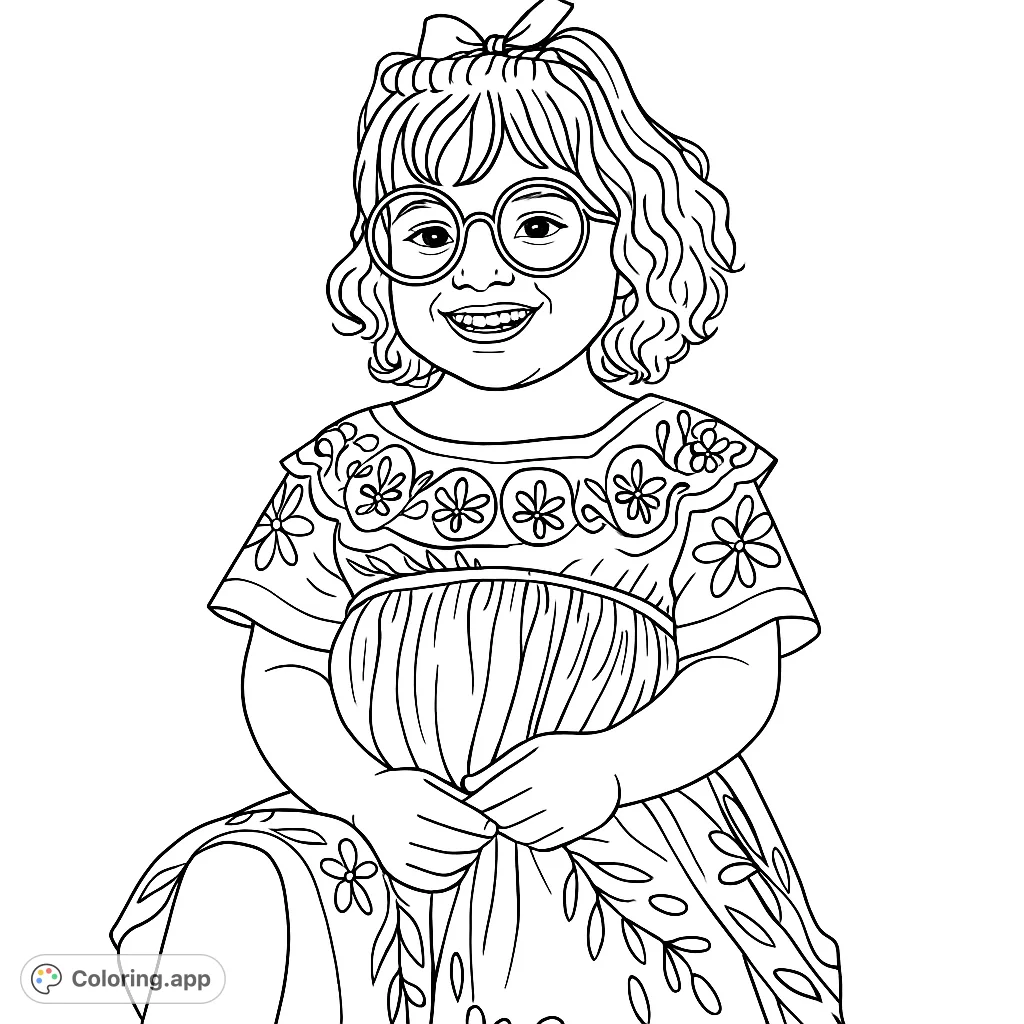 A delightful coloring page featuring a smiling young girl in a charming dress with intricate patterns and round glasses, perfect for creative expression.