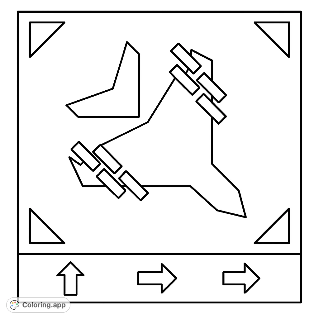 An abstract emblem coloring page featuring a bold, geometric design with a central star-like shape and parallel bars, perfect for creative expression.