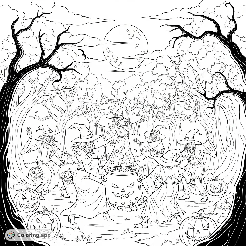 A mystical scene unfolds as witches and ghouls dance around a bubbling cauldron under a full moon, surrounded by ancient trees and glowing Jack-o-lanterns.