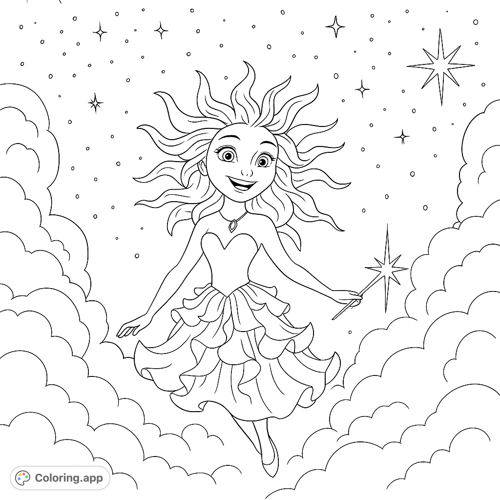 A radiant sun maiden floats gracefully among fluffy clouds and sparkling stars, wearing a beautiful ruffled gown. A magical celestial scene for coloring.