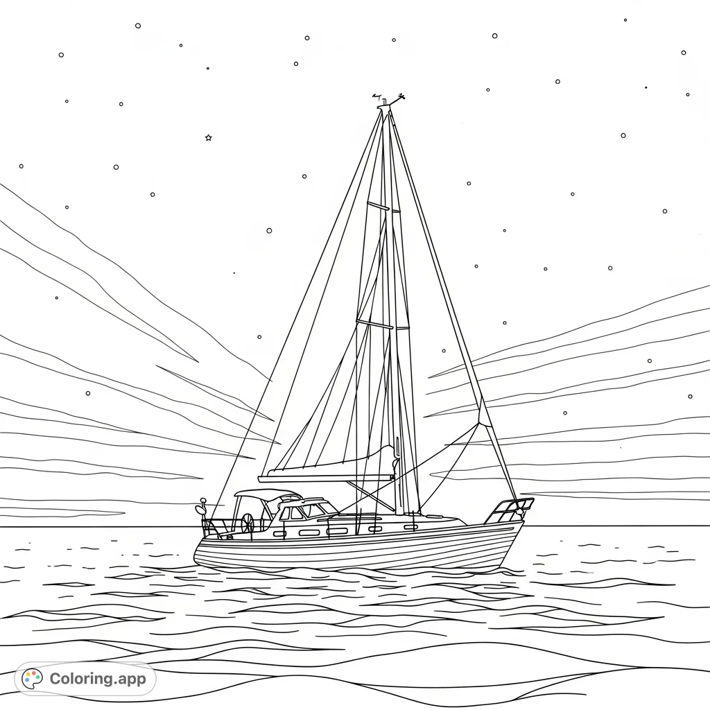 A serene sailboat drifts on open waters under a dramatic twilight sky, transitioning from fading light to emerging stars. A peaceful scene for mindful coloring.