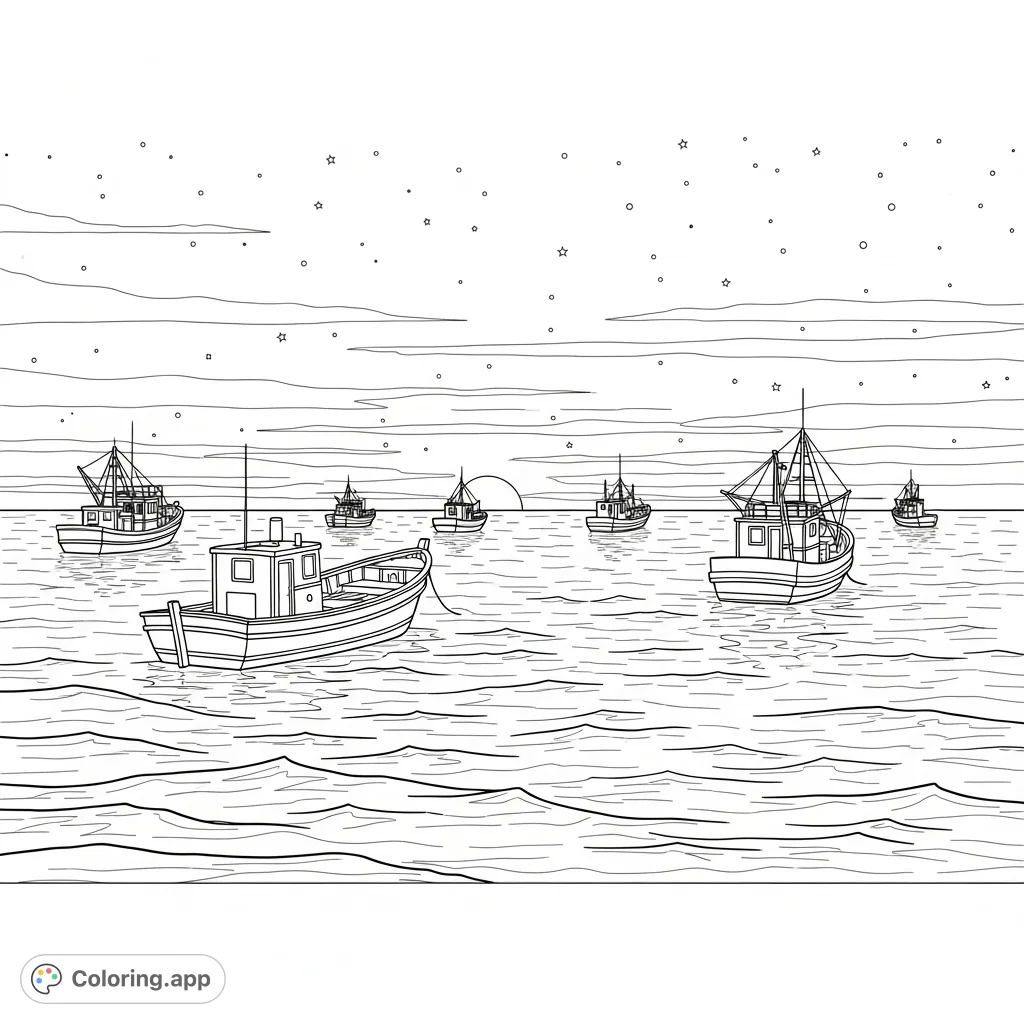 A serene ocean scene featuring small fishing boats silhouetted against a dramatic twilight sky, with stars beginning to emerge. Perfect for a peaceful coloring experience.