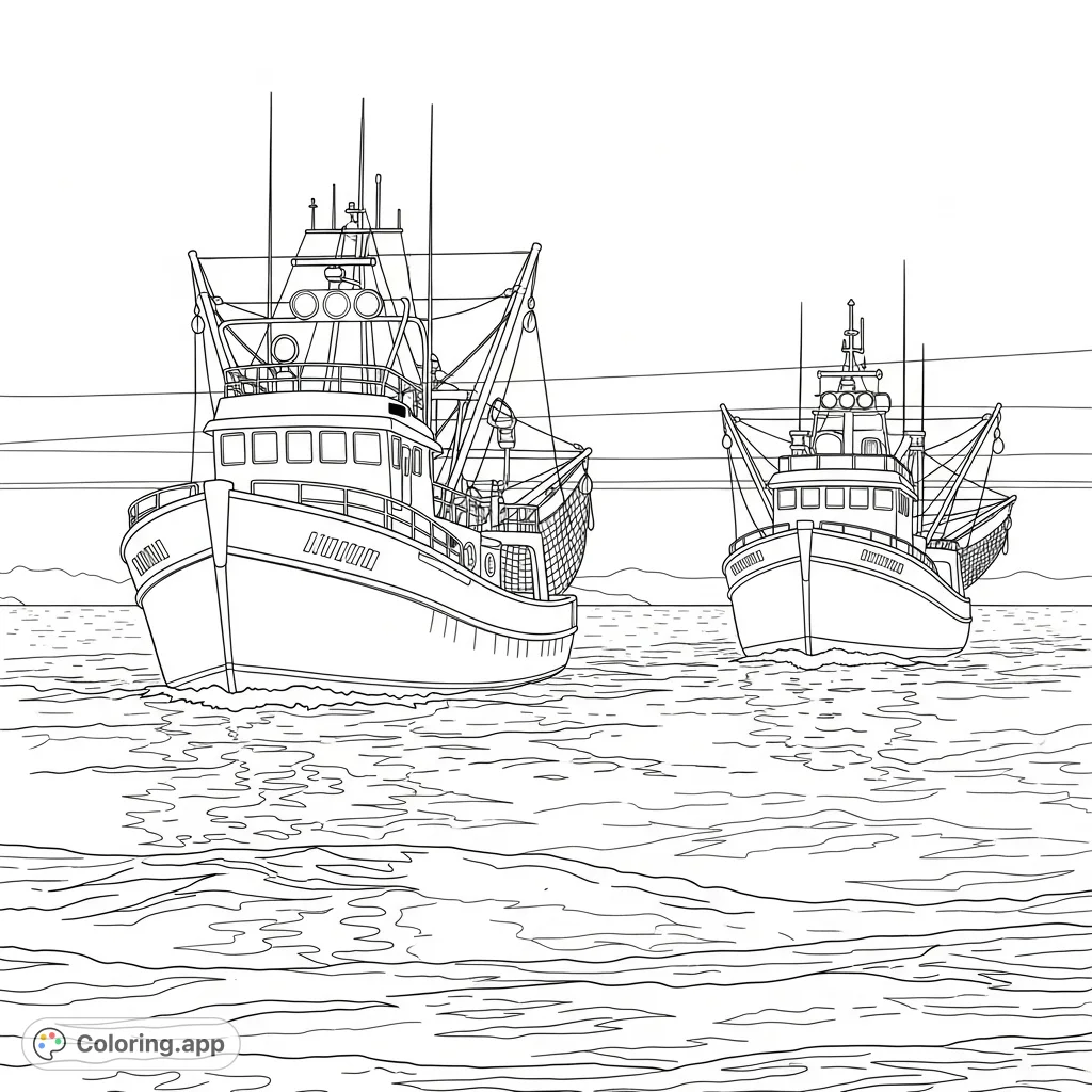 Explore a serene twilight scene with two sturdy trawlers navigating the open sea, their navigation lights glowing against a vast sky and distant shore.