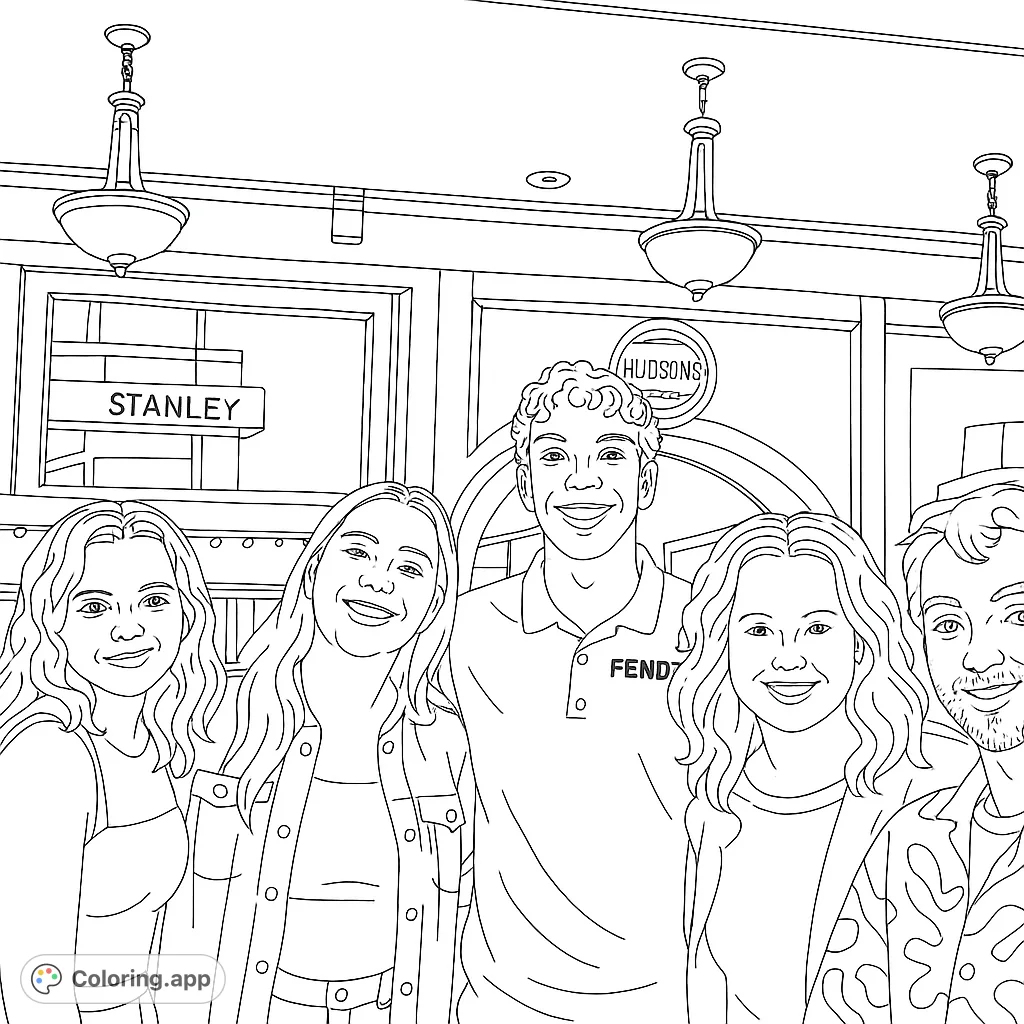 Capture the joy of friendship with this coloring page featuring a group of smiling individuals in a cozy setting. Perfect for celebrating connections.