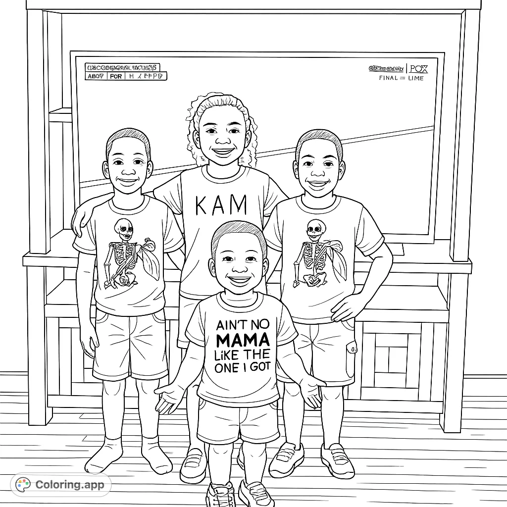 A heartwarming coloring page featuring five boys posing together in front of a TV, perfect for celebrating family and friendship.