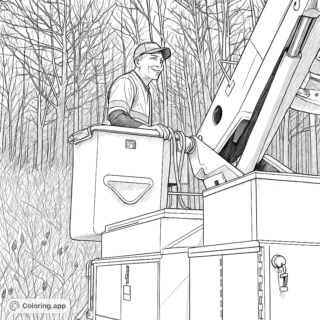 A detailed coloring page featuring a utility worker in an elevated bucket lift, set against a backdrop of bare trees and a sturdy utility truck.