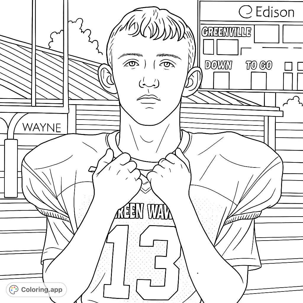 Capture the spirit of the game with this football player coloring page. Features an athlete in uniform against a stadium backdrop, perfect for sports fans.