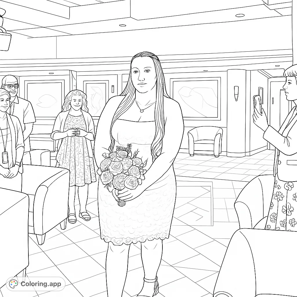 Capture a special occasion with this detailed coloring page featuring a woman in a textured dress holding a beautiful bouquet in an elegant indoor setting.